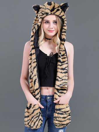 トラ柄女性用ファーハットポリエステルハットホワイトスカーフコスチュームアクセサリー