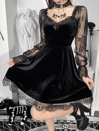 Vestido feminino preto com decote em coração de manga comprida vestido gótico de poliéster de renda