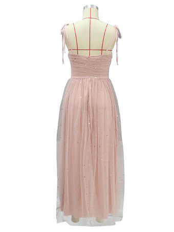 誕生日パーティードレス ピンク ストラップ ネック スパンコール ノースリーブ バックレス プロム マキシ ドレス