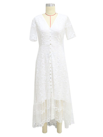 サマードレス レース 半袖 ボタン ボヘミアン ロングドレス