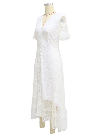 サマードレス レース 半袖 ボタン ボヘミアン ロングドレス