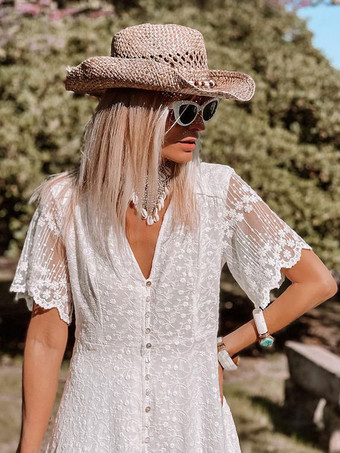 サマードレス レース 半袖 ボタン ボヘミアン ロングドレス