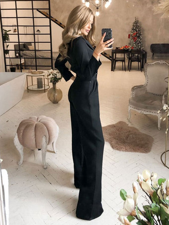 黒のジャンプスーツVネック長袖ポリエステルストレートサマープレイスーツ