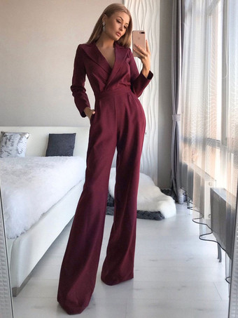 ワインレッド 黒のジャンプスーツVネック長袖ポリエステルストレートサマープレイスーツ