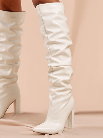 女性のチャンキー ヒール前かがみニーハイ ブーツ