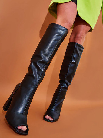 ブラック レディース ワイドカーフブーツ ピープトゥ チャンキーヒール ニーハイブーツ