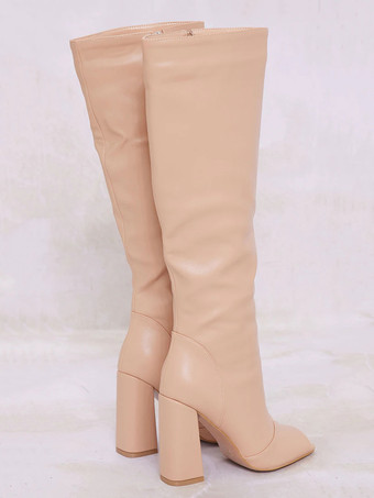 レディース ワイドカーフブーツ ピープトゥ チャンキーヒール ニーハイブーツ