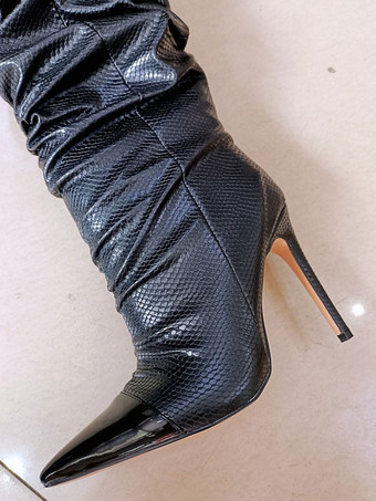 レディースブーツスティレットヒールポインテッドトゥブラックPUレザーミッドカーフブーツ