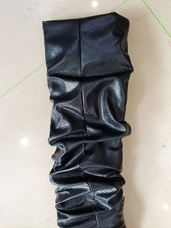 レディースブーツスティレットヒールポインテッドトゥブラックPUレザーミッドカーフブーツ