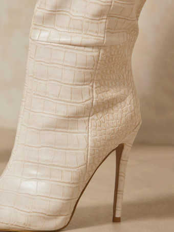 女性ミッドカーフブーツエクリュホワイトPUレザーポインテッドトゥスティレットヒールブーツ