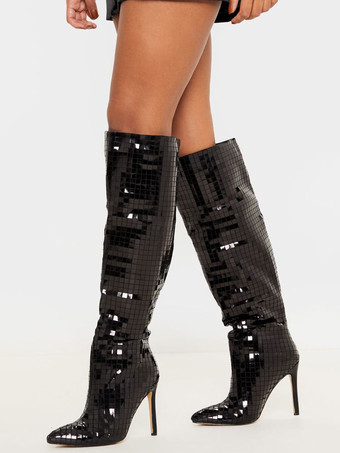 レディース ミラー ディスコ ボール ニーハイ ブライト レザー ヒール プロム パーティー ブーツ