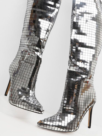 レディース ミラー ディスコ ボール ニーハイ ブライト レザー ヒール プロム パーティー ブーツ