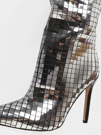 レディース ミラー ディスコ ボール ニーハイ ブライト レザー ヒール プロム パーティー ブーツ