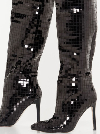 レディース ミラー ディスコ ボール ニーハイ ブライト レザー ヒール プロム パーティー ブーツ