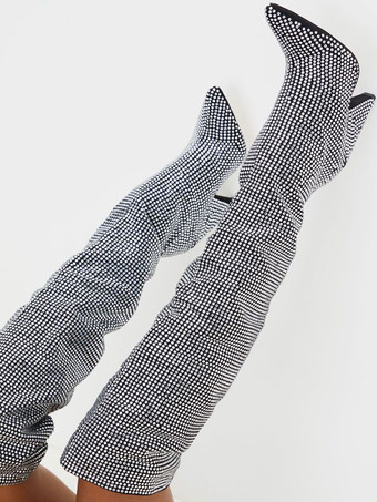 女性のブーツラインストーン特別な形のかかと先のとがったつま先灰色の膝の高いブーツ