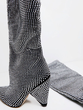 女性のブーツラインストーン特別な形のかかと先のとがったつま先灰色の膝の高いブーツ