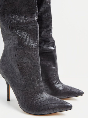 ニーブーツ上の女性スティレットヒール先のとがったつま先PUレザーブラックサイハイブーツ