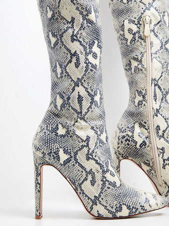 女性用 スネークスキン チャンキーヒール サイハイブーツ グレー