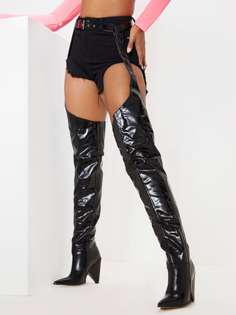 ブラック レディース コーンヒール サイハイベルト ブーツ ニーハイブーツ