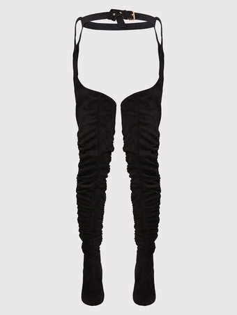 女性のサイ ハイ ベルト ブーツ チャンキー ヒール ブラック フェイクスエード