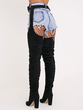 女性のサイ ハイ ベルト ブーツ チャンキー ヒール ブラック フェイクスエード