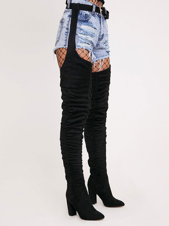 女性のサイ ハイ ベルト ブーツ チャンキー ヒール ブラック フェイクスエード