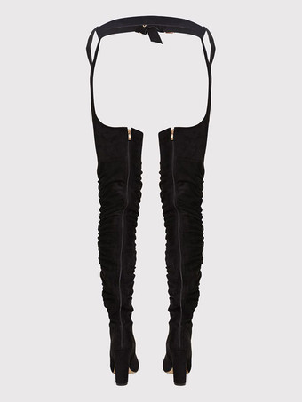 女性のサイ ハイ ベルト ブーツ チャンキー ヒール ブラック フェイクスエード