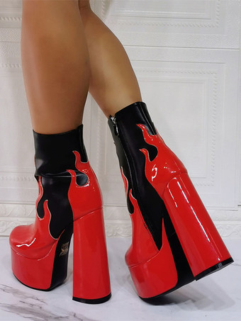 レッド メンズセクシーブーツ フレイムツートン アンクルブーツ プラットフォーム チャンキーヒール