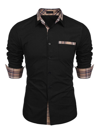 Black Casual Shirt For Men Turndown Collar Casual Removable Color Block Baby blue Men's Shirts