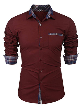 Burgundy Casual Shirt For Men Turndown Collar Casual Removable Color Block Baby blue Men's Shirts