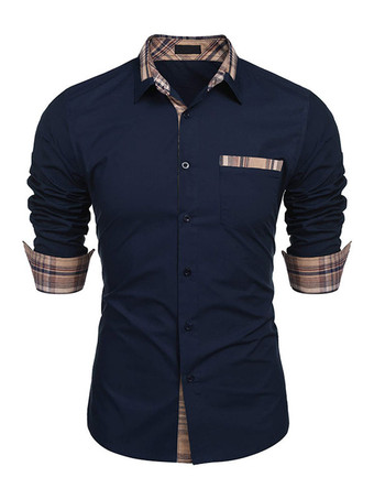 Dark NavyCasual Shirt For Men Turndown Collar Casual Removable Color Block Baby blue Men's Shirts
