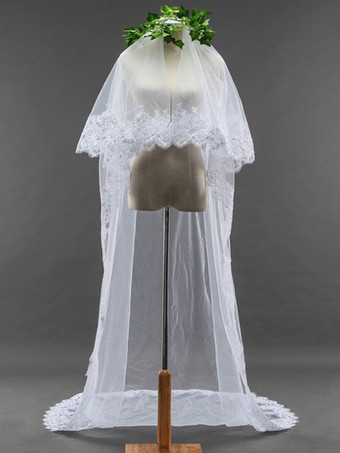 ホワイトウェディングベールワンティアレースフィニッシュドエッジウォーターフォールブライダルベール