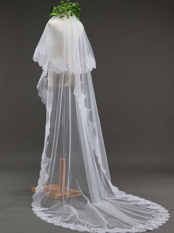 ホワイトウェディングベールワンティアレースフィニッシュドエッジウォーターフォールブライダルベール
