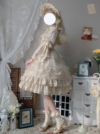 甘ロリドレス 姫ロリドレス 可愛 お茶会 上品 OP 七分袖 レース レース フリル プリーツ