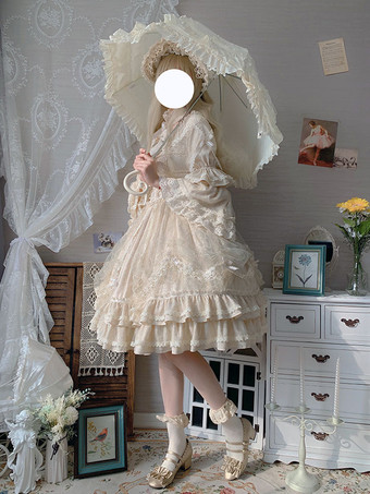 甘ロリドレス 姫ロリドレス 可愛 お茶会 上品 OP 七分袖 レース レース フリル プリーツ