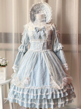 ベビーブルー甘ロリドレス 姫ロリドレス 可愛 お茶会 上品 OP 七分袖 レース レース フリル プリーツ