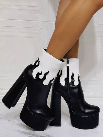 ブロックヒール フレイム ブーティ プラットフォーム ラウンドトゥ チャンキーヒール ジッパー PUレザー ブラック アンクルブーツ