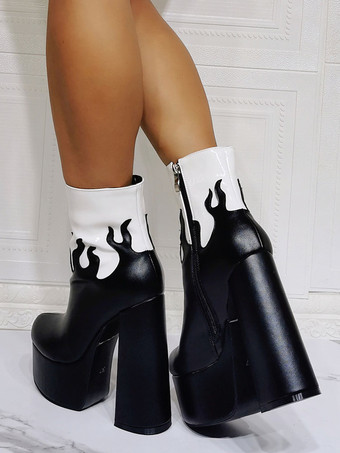 ブロックヒール フレイム ブーティ プラットフォーム ラウンドトゥ チャンキーヒール ジッパー PUレザー ブラック アンクルブーツ
