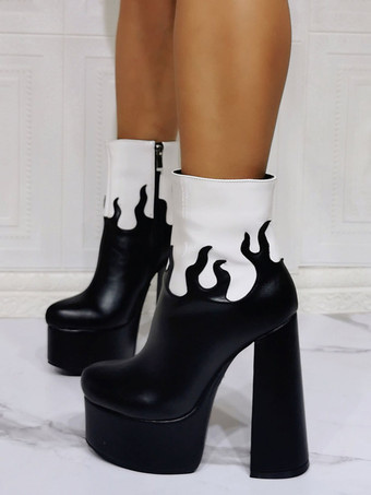 ブロックヒール フレイム ブーティ プラットフォーム ラウンドトゥ チャンキーヒール ジッパー PUレザー ブラック アンクルブーツ