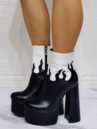 ブロックヒール フレイム ブーティ プラットフォーム ラウンドトゥ チャンキーヒール ジッパー PUレザー ブラック アンクルブーツ