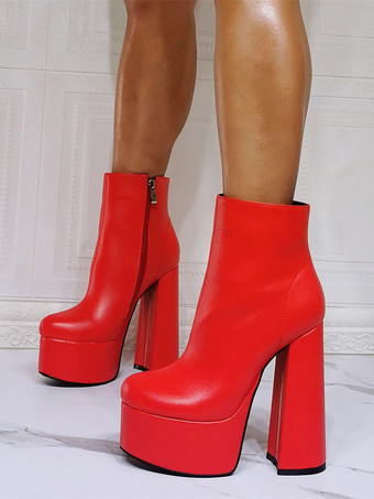 メンズセクシーブーツ ブーティ 幾何学模様 ラウンドトゥ チャンキーヒール PUレザー レッド アンクルブーツ