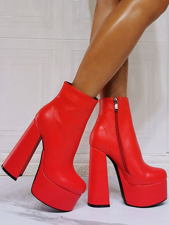 メンズセクシーブーツ ブーティ 幾何学模様 ラウンドトゥ チャンキーヒール PUレザー レッド アンクルブーツ