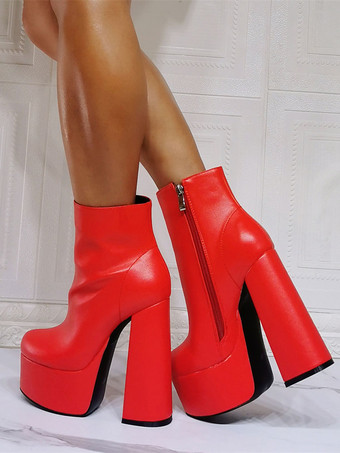 メンズセクシーブーツ ブーティ 幾何学模様 ラウンドトゥ チャンキーヒール PUレザー レッド アンクルブーツ