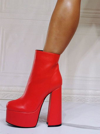 メンズセクシーブーツ ブーティ 幾何学模様 ラウンドトゥ チャンキーヒール PUレザー レッド アンクルブーツ
