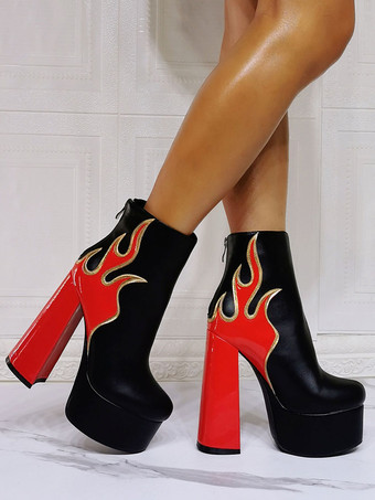 メンズ セクシーブーツ プラットフォーム フレイムブーティ ラウンドトゥ チャンキーヒール ブラック アンクルブーツ