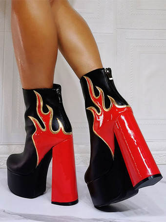 メンズ セクシーブーツ プラットフォーム フレイムブーティ ラウンドトゥ チャンキーヒール ブラック アンクルブーツ