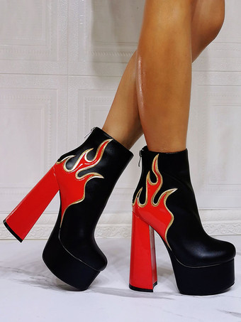 メンズ セクシーブーツ プラットフォーム フレイムブーティ ラウンドトゥ チャンキーヒール ブラック アンクルブーツ