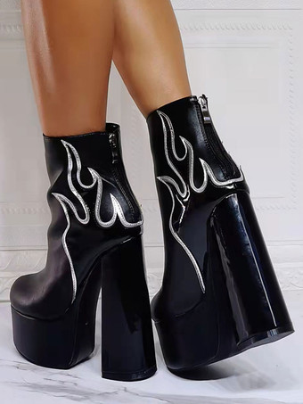 メンズ セクシーブーツ ブーティ 幾何学模様 ラウンドトゥ チャンキーヒール ホワイト フレイムパターン PUレザー ブラック アンクルブーツ