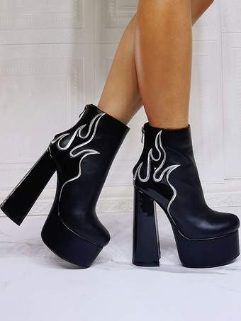 メンズ セクシーブーツ ブーティ 幾何学模様 ラウンドトゥ チャンキーヒール ホワイト フレイムパターン PUレザー ブラック アンクルブーツ