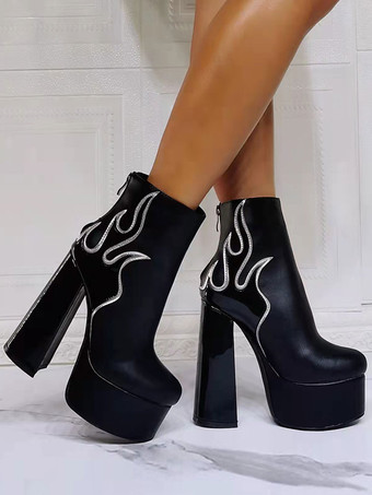 メンズ セクシーブーツ ブーティ 幾何学模様 ラウンドトゥ チャンキーヒール ホワイト フレイムパターン PUレザー ブラック アンクルブーツ